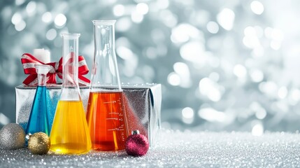 Science experiment kits isolated on silver christmas background with bow ribbon present