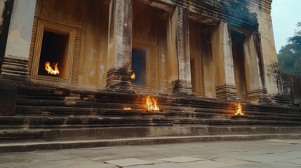 Naklejka premium Ancient Temple with Flames Burning in Front of the Entrance