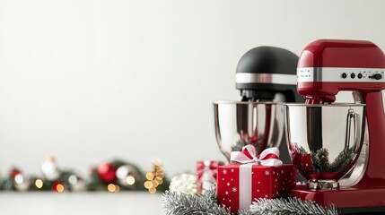 Stand mixers isolated on white christmas background with bow ribbon present