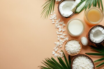 A flat lay of various coconut-based products like oil, milk, and flakes, arranged aesthetically with blank space for text. Perfect for commercial use in food or beauty product advertisements.