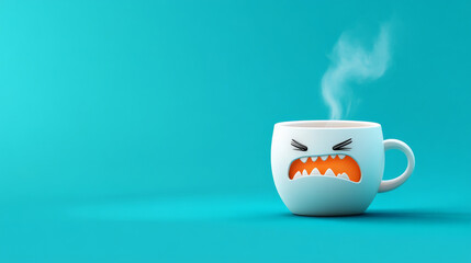 Angry coffee cup with steam rising, expressing frustration and emotion. cup features fierce face, showcasing playful design against bright turquoise background
