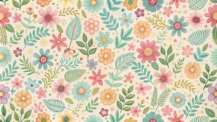 Whimsical floral stitch wallpaper featuring pastel-colored flowers and leaves in a repeating pattern, patchwork designs, colorful stitches