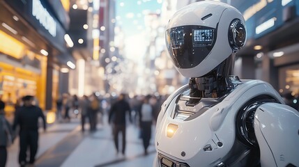 Fototapeta premium AI robot walking among humans in a futuristic cityscape, sleek glass buildings with neon accents, holograms projected above, reflections on polished metal surfaces,