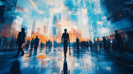 AI robot walking among humans in a futuristic cityscape, sleek glass buildings with neon accents, holograms projected above, reflections on polished metal surfaces,