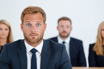 A nervous startup founder pitches his idea to a panel of sharks in a high-stakes reality show, A concerned businessman sitting in front of colleagues in formal attire, anxiety and serious meeting.