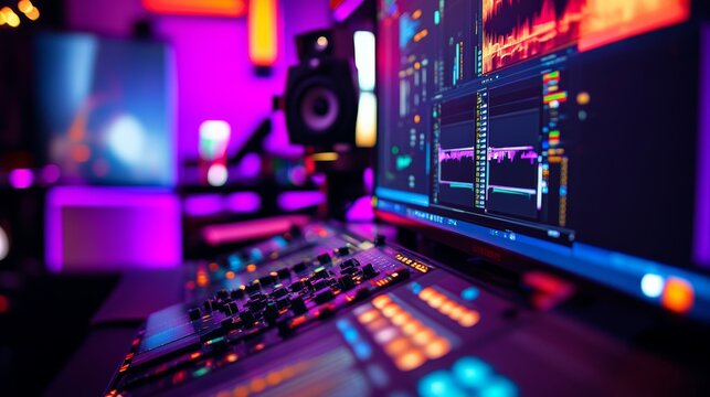 Video editing services on a creative studio background with vibrant lighting to evoke innovation and media expertise