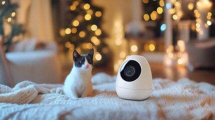 Fototapeta na wymiar Wireless pet cameras on a cozy home background with soft lighting to evoke pet care and security