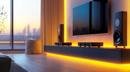 Fototapeta premium Wireless home audio systems on a sleek modern living room setup with glowing accents to emphasize sound quality and style
