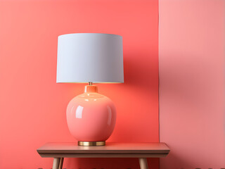 Stylish lamp on table against color wall, space for text. Design with living coral color
