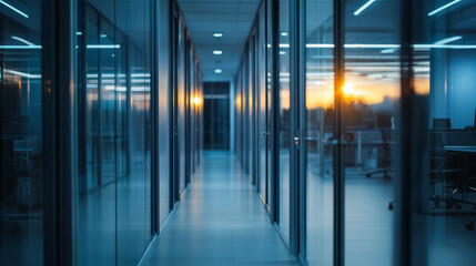 modern office corridor with glass doors and sunset lighting creates serene atmosphere. sleek design and reflections enhance workspace elegance