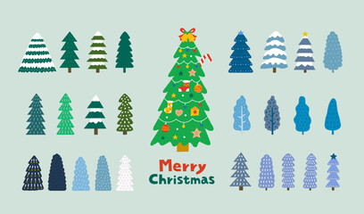 Collection of Merry Christmas trees with decorations and snowy winter trees for holiday season design