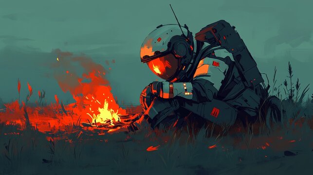 Astronaut Sitting by Fire in Alien Landscape