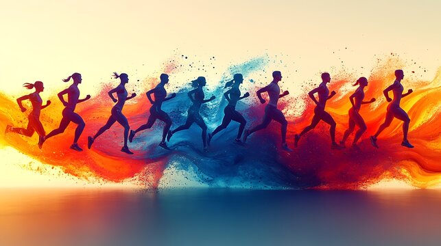 Silhouettes of runners in a colorful powder explosion.
