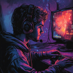 A man is playing a video game with a headset on. The image is in a dark, moody atmosphere with a neon cityscape in the background