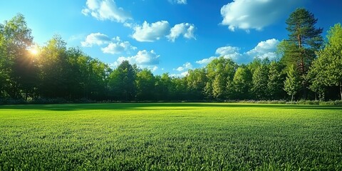 Fototapeta premium Beautiful blurred background image of spring nature with a neatly trimmed lawn surrounded by trees against a blue sky with clouds on a bright sunny day. 