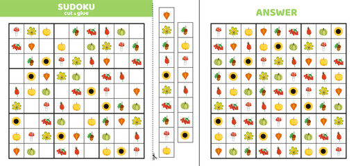 Hard sudoku with nine autumn gifts of nature. Game puzzle for little kids. Cut and glue. Cartoon.