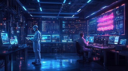 Obraz premium AI robot working alongside scientists in a modern laboratory, studying data on holographic screens, advanced equipment and digital displays everywhere, cold blue and purple lighting,