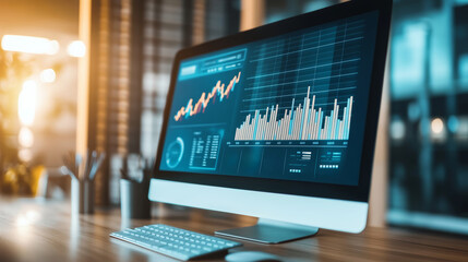 Digital marketing services displayed on a sleek modern computer background with dynamic lighting to evoke innovation and online growth