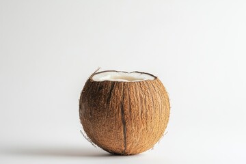 A whole coconut with a straw inserted, placed on a blank white background with ample space for text, ideal for commercial use. The image highlights the natural texture of the coconut shell.