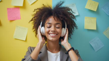 Jeune femme d'affaires avec des écouteurs écoutant de la musique sur un fond multicolore avec des post-it