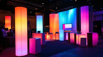 Event coordination services on a stylish event setup with vibrant lighting to evoke engagement and creativity