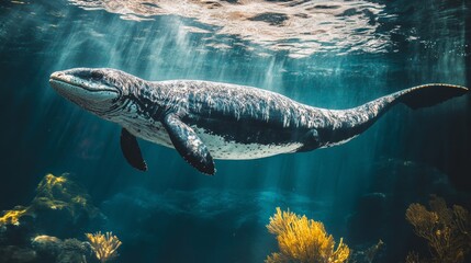 Fototapeta premium Underwater Whale Swimming with Sunbeams Through Water