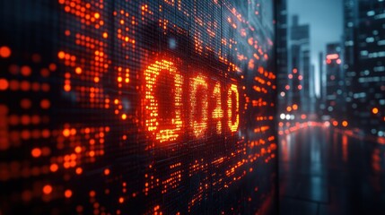 Obraz premium Digital display showing a glowing numerical value in a cityscape.