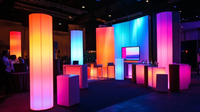 Event coordination services on a stylish event setup with vibrant lighting to evoke engagement and creativity