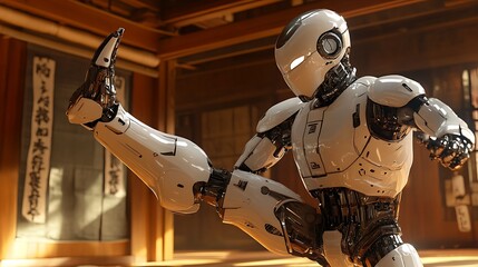 Fototapeta premium Close-up of an AI robot practicing a martial arts kick in a dimly lit dojo, wooden textures on the walls, traditional scrolls and mats, ambient shadows on robotic limbs, intense concentration,