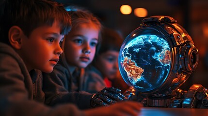 Close-up of an AI robot showing a holographic globe to children in a futuristic classroom, children’s faces illuminated by soft neon light, bright and engaging atmosphere,
