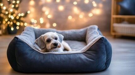 Obraz premium Luxury dog beds on a cozy home background with soft lighting to evoke comfort and pet luxury