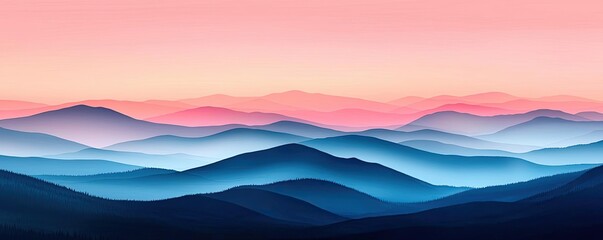 Scenic panoramic view of layered mountains at sunset with colorful hues.