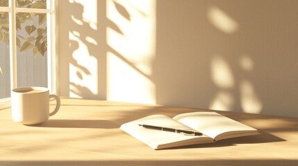 Fototapeta premium Cozy Lofi Workspace with Open Journal, Pen, and Coffee on Wooden Table Bathed in Warm Light - 3D Render Illustration