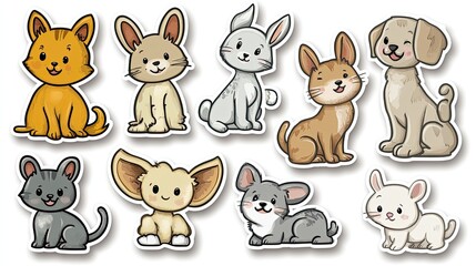 Obraz premium A cute vector set of cartoon animal stickers, featuring smiling cats, dogs, and bunnies, arranged on a white background. 