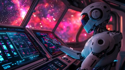 Fototapeta premium Futuristic AI robot on a spaceship bridge, adjusting holographic navigation controls, massive window showing endless stars and colorful nebulae, metallic textures reflecting the control panel’s glow,