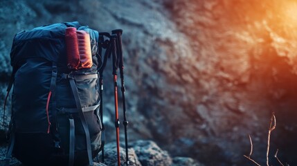 Obraz premium Portable hiking gear on a rugged outdoor background with dynamic lighting to evoke adventure and durability