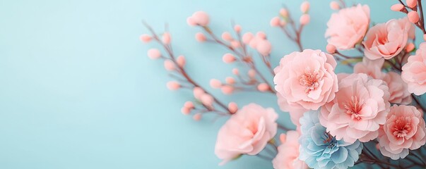 Beautiful pink flowers with green leaves on a blue background.