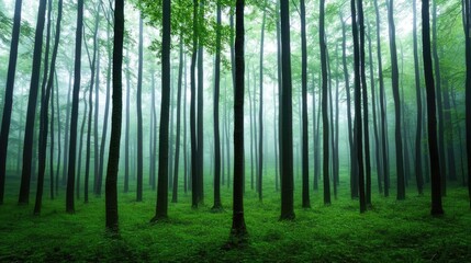 Fototapeta premium Lush green forest with tall trees and misty atmosphere, ideal for nature enthusiasts.