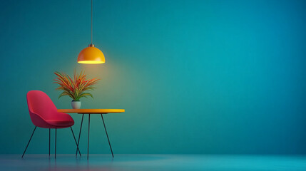 Teal Room Minimalist Design: Vibrant pop of color with a red chair, yellow pendant lamp, and tropical plant against a teal wall. Perfect for modern interior design inspiration. 