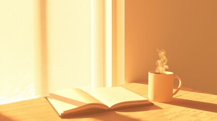 Cozy Lofi Scene with Open Journal and Steaming Mug on Wooden Desk - 3D Render with Warm Golden Light Filtering Through Window