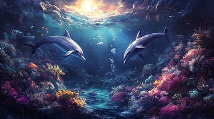 Obraz premium A triptych ocean journey; first panel showing the bright surface with playful dolphins, second filled with a lush coral reef and vibrant sea life,