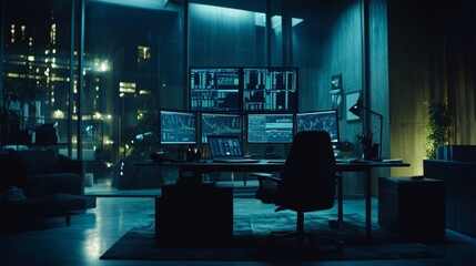 Modern Office Desk with Multiple Monitors for Stock Trading and Financial Analysis