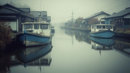 Fototapeta premium Foggy Canal with Boats and Traditional Houses in Japan