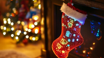 Festive Christmas Stocking and Futuristic Fireplace with Glowing Gadgets