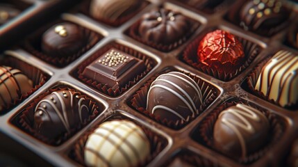 An open box reveals a beautiful collection of gourmet chocolates in a variety of flavours and fillings, including dark chocolate, praline and creamy nougat.