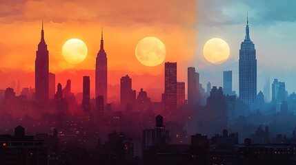 Fototapeta premium City skyline across dawn, noon, and dusk; first panel with the first light breaking over buildings, middle with the city bathed in bright midday sunlight,