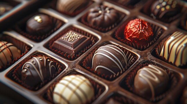 An open box reveals a beautiful collection of gourmet chocolates in a variety of flavours and fillings, including dark chocolate, praline and creamy nougat. - Powered by Adobe