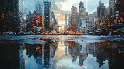 Fototapeta premium Cityscape reflections in three stages; first panel with a rainy-day reflection in a puddle, middle with sunlight casting reflections on glass windows,