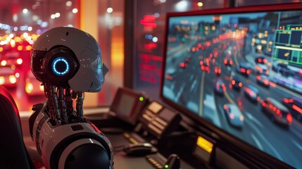 A robot coordinating traffic systems in a control room ensuring smooth urban flow