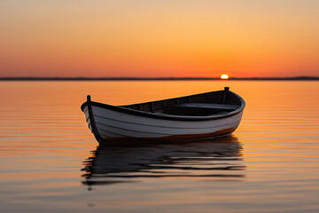 Naklejka premium Creative and Imaginative Concepts, A serene sunset over calm waters featuring a small boat gently floating, perfect for evoking peace and tranquility.
